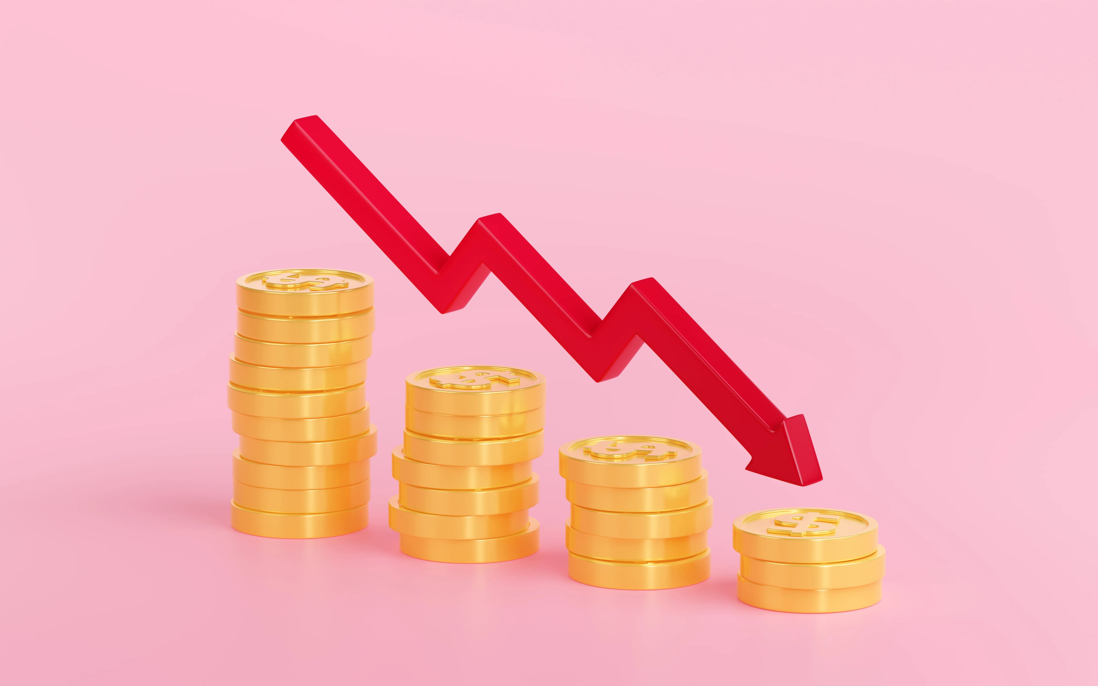 3d render arrow chart going down coins stacks