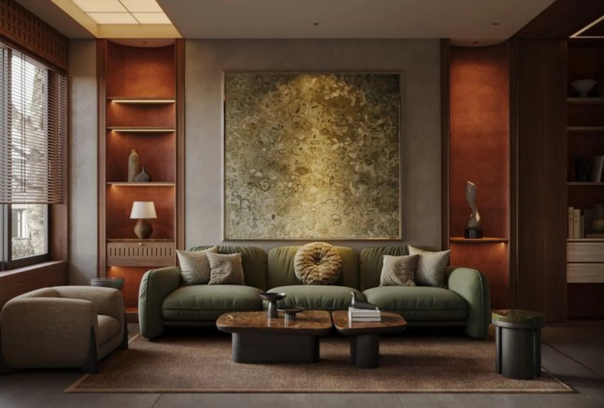 Phòng khách ANAMYR Ninh Binh với sofa xanh rêu và tranh khổ lớn