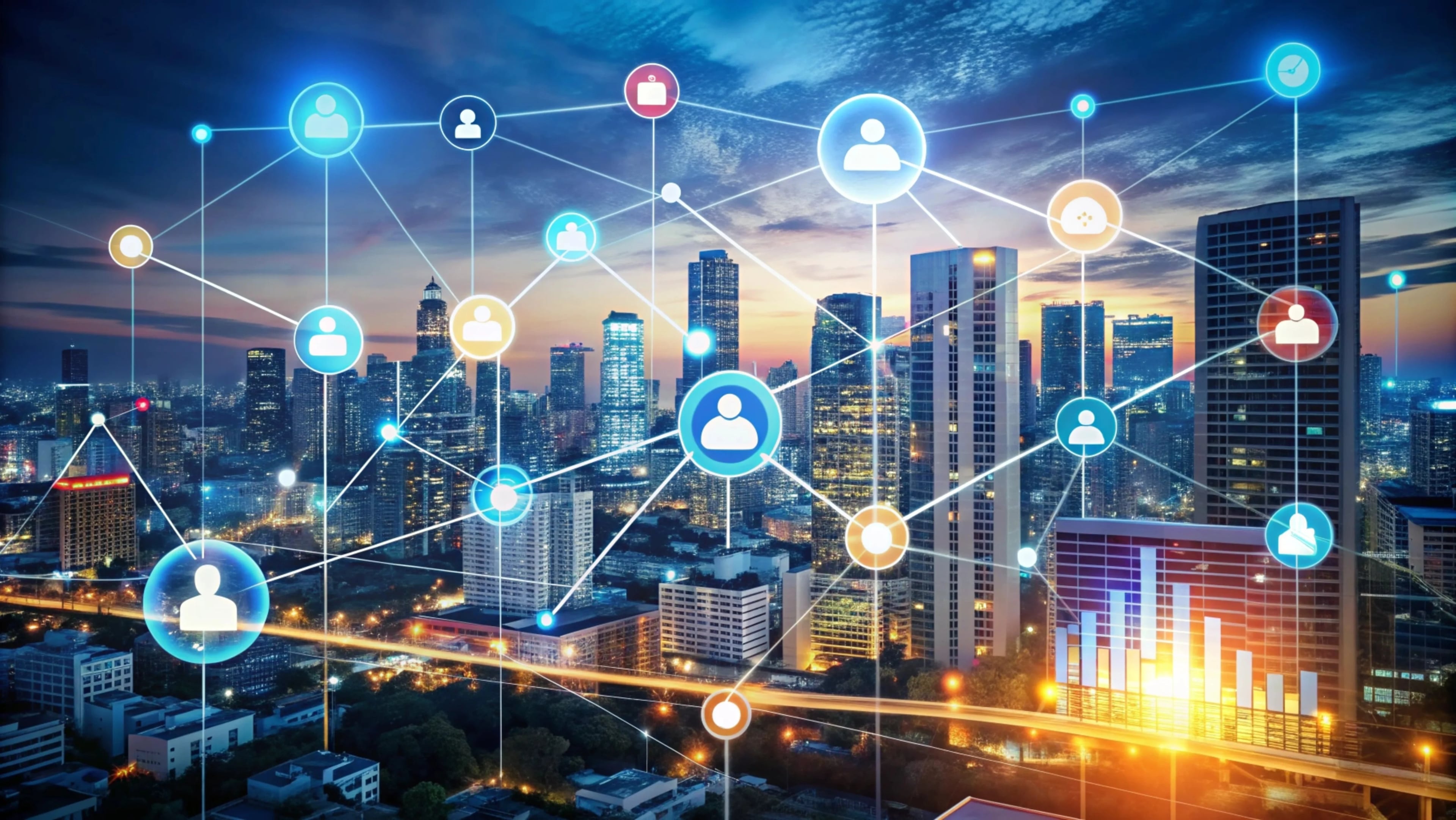 Networked cityscape with connected icons