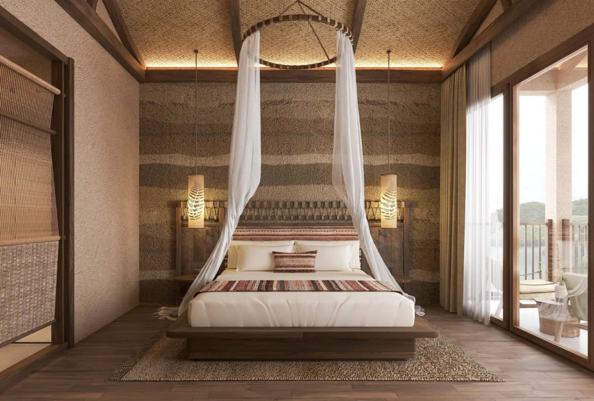 Phòng ngủ giường đôi có màn trắng và cửa kính mở ra ban công tại Sanctuary Sam Tang Retreat