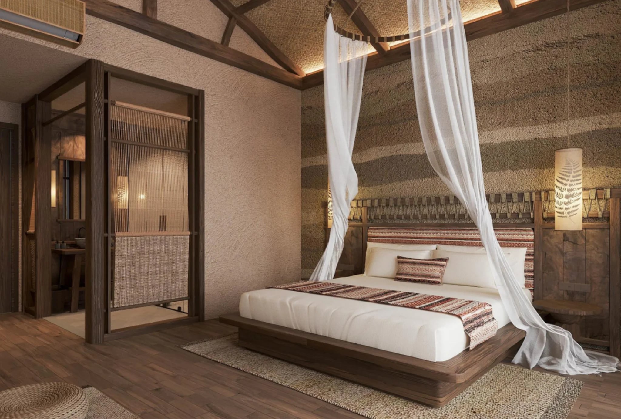 Phòng ngủ giường đôi với màn trắng và vách ngăn gỗ tại Sanctuary Sam Tang Retreat