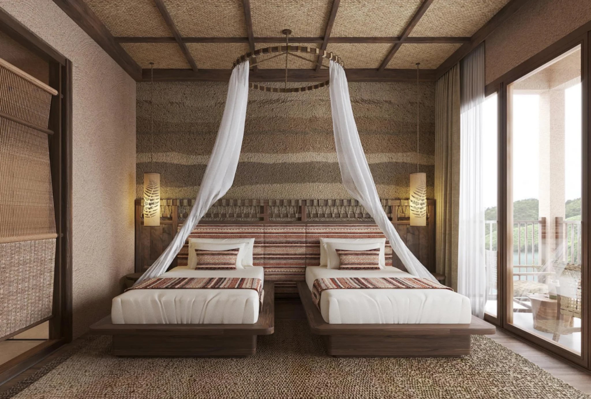 Phòng ngủ hai giường đơn với màn trắng và ban công tại Sanctuary Sam Tang Retreat