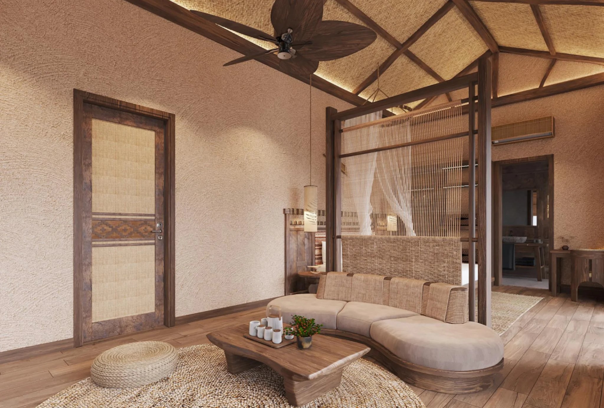 Phòng khách với sofa cong và trần mái đan tre tại Sanctuary Sam Tang Retreat