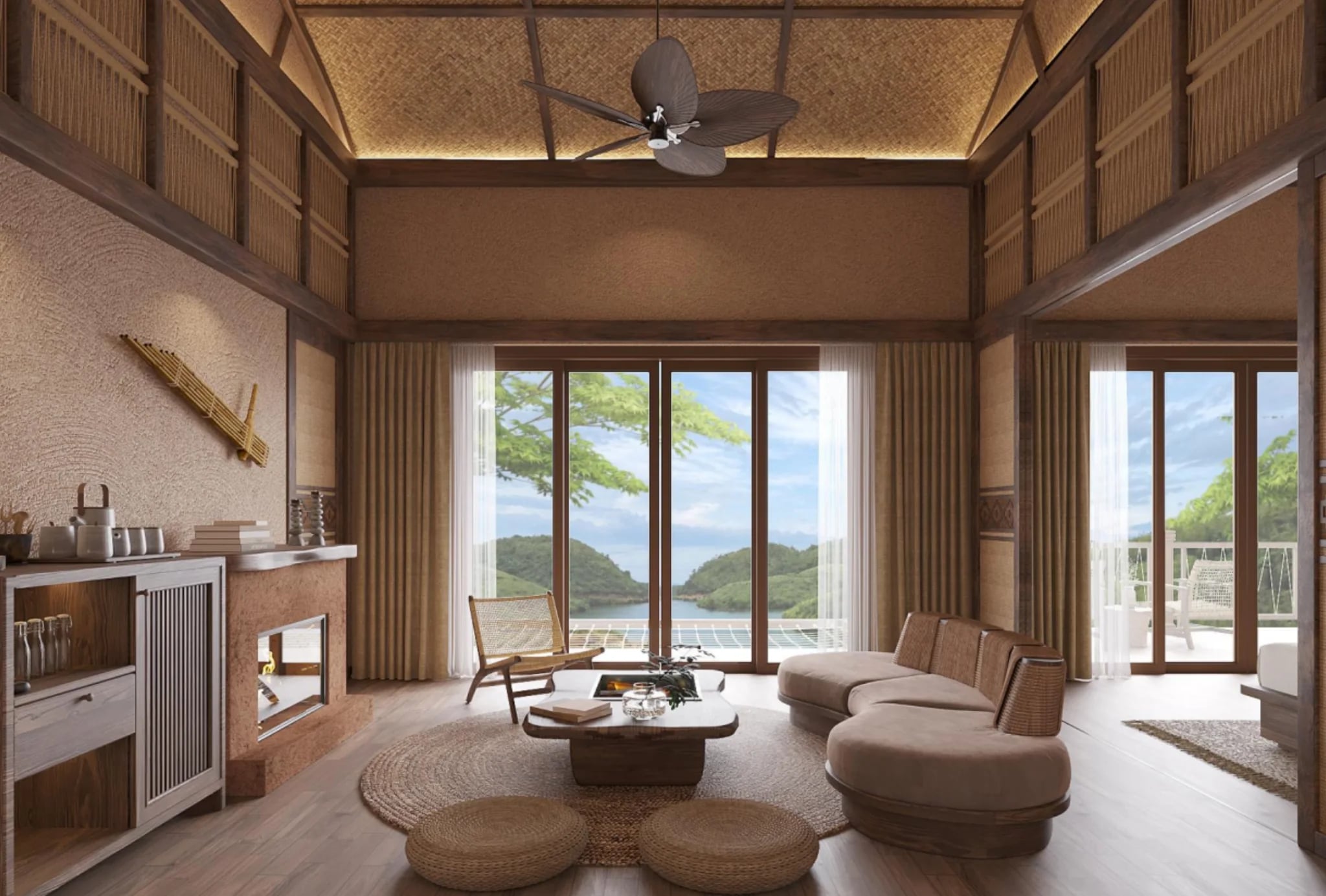 Phòng khách nhìn ra núi và mặt nước qua cửa kính lớn tại Sanctuary Sam Tang Retreat