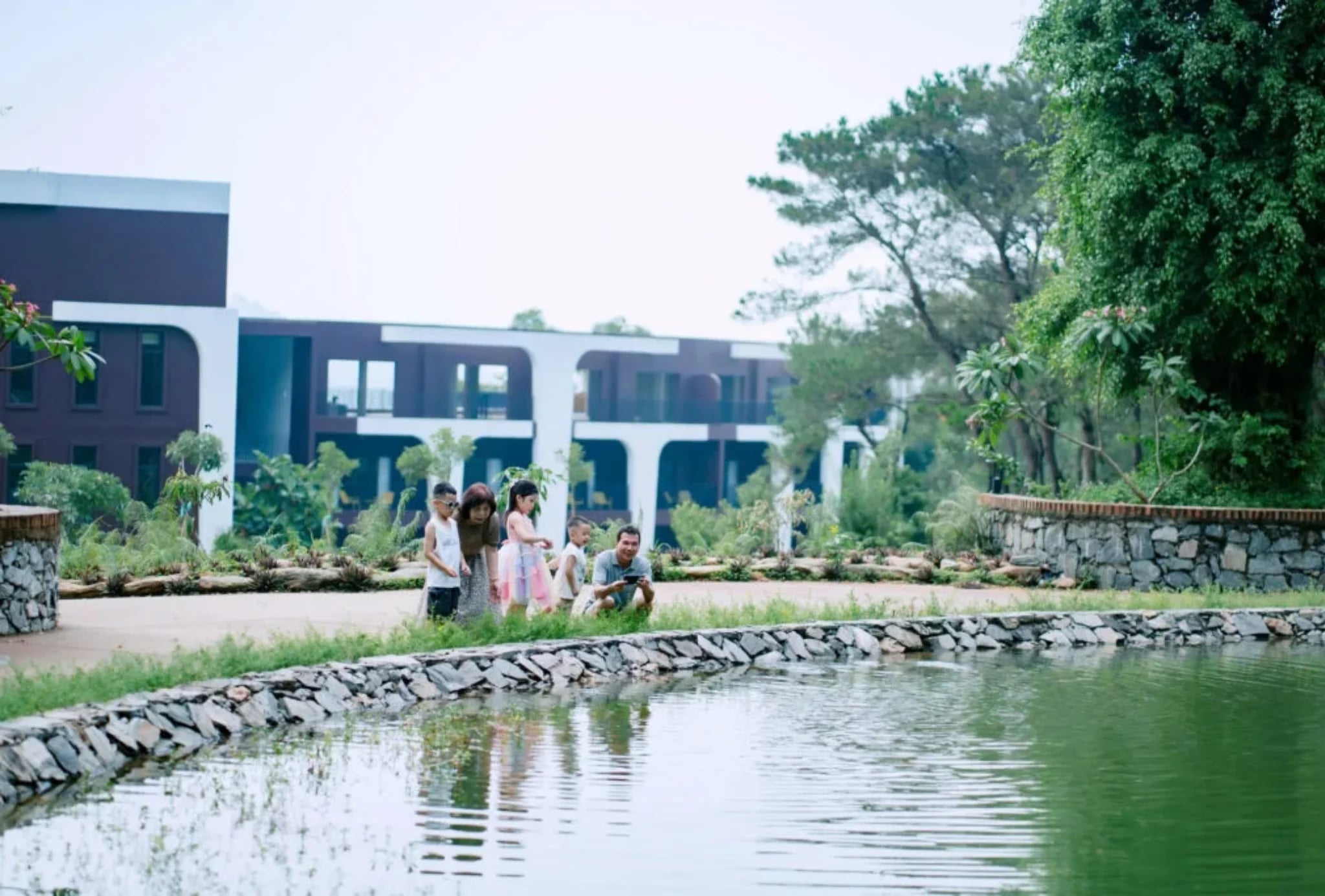 Khuôn viên hồ nước và hàng thông tại Soc Village Wellness & Retreat