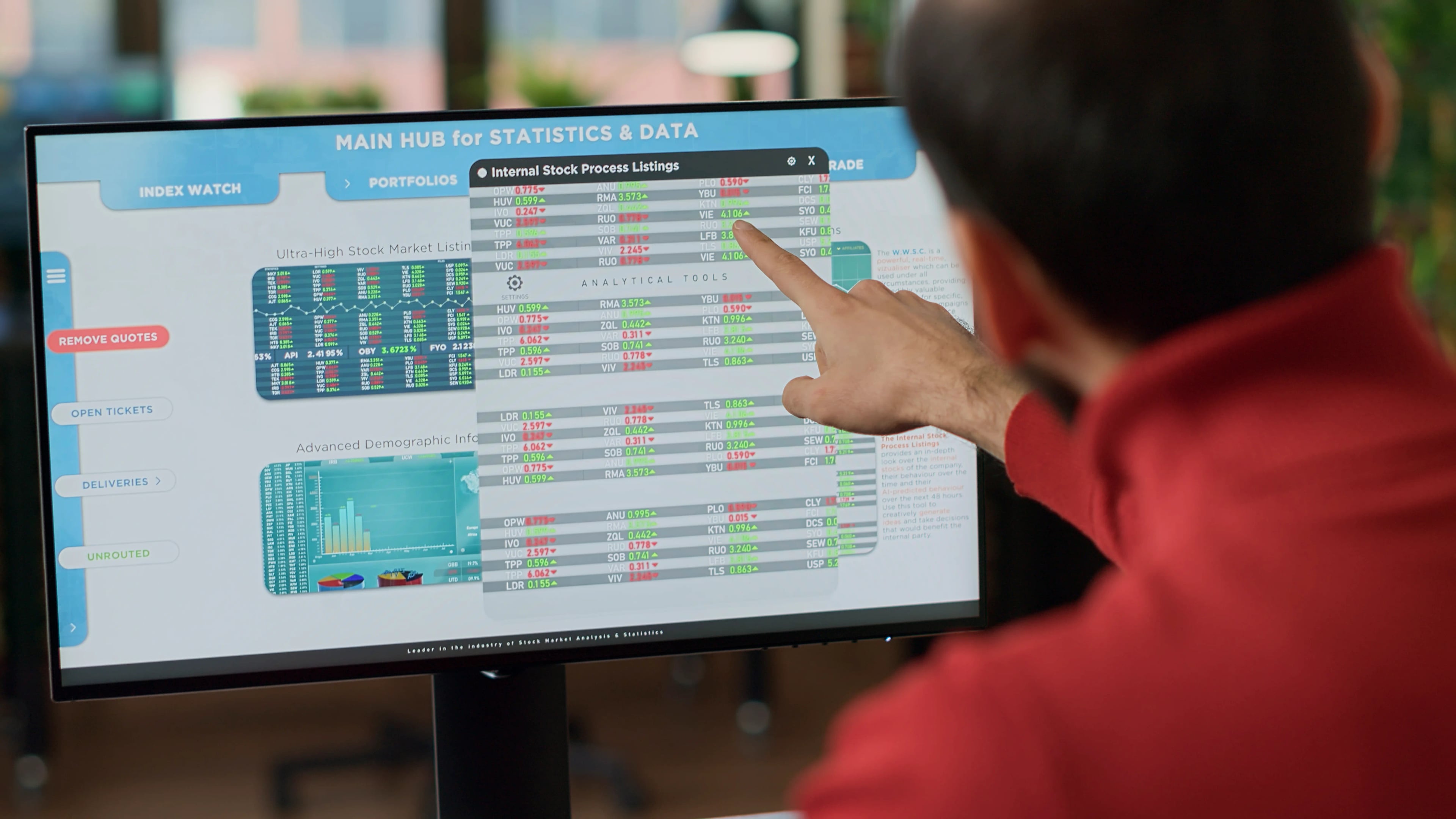 Business investor analyzing stock market trend monitor trading capital profit exchange investment young broker investing funds using financial forex market sales close up handheld shot