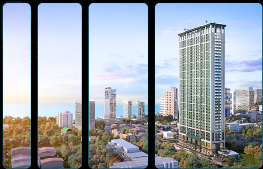 Toà tháp Altara Suites Đà Nẵng và thành phố ven biển, cắt thành bốn dải