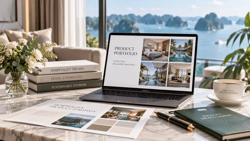 Danh mục sản phẩm khách sạn trên máy tính và ấn phẩm