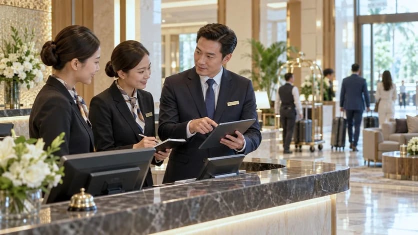 Nhân viên lễ tân và quản lý khách sạn trao đổi công việc