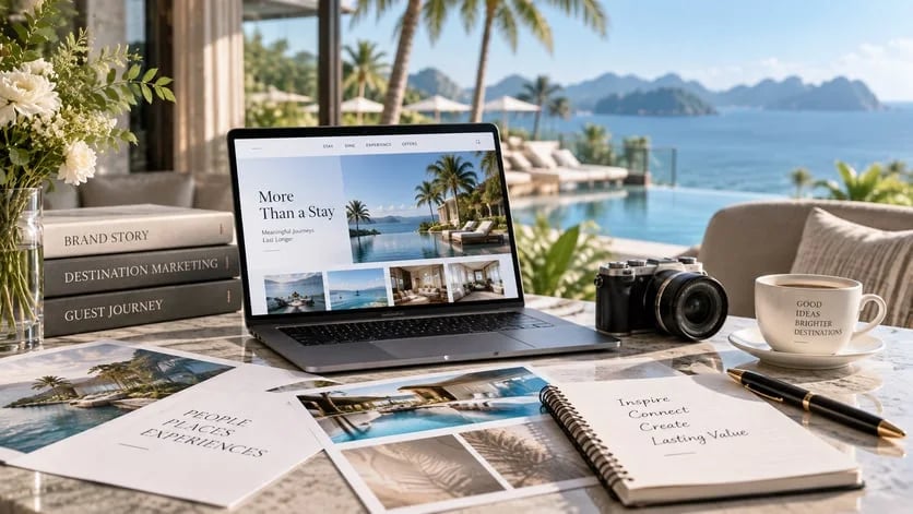 Máy tính hiển thị website khách sạn bên bờ biển