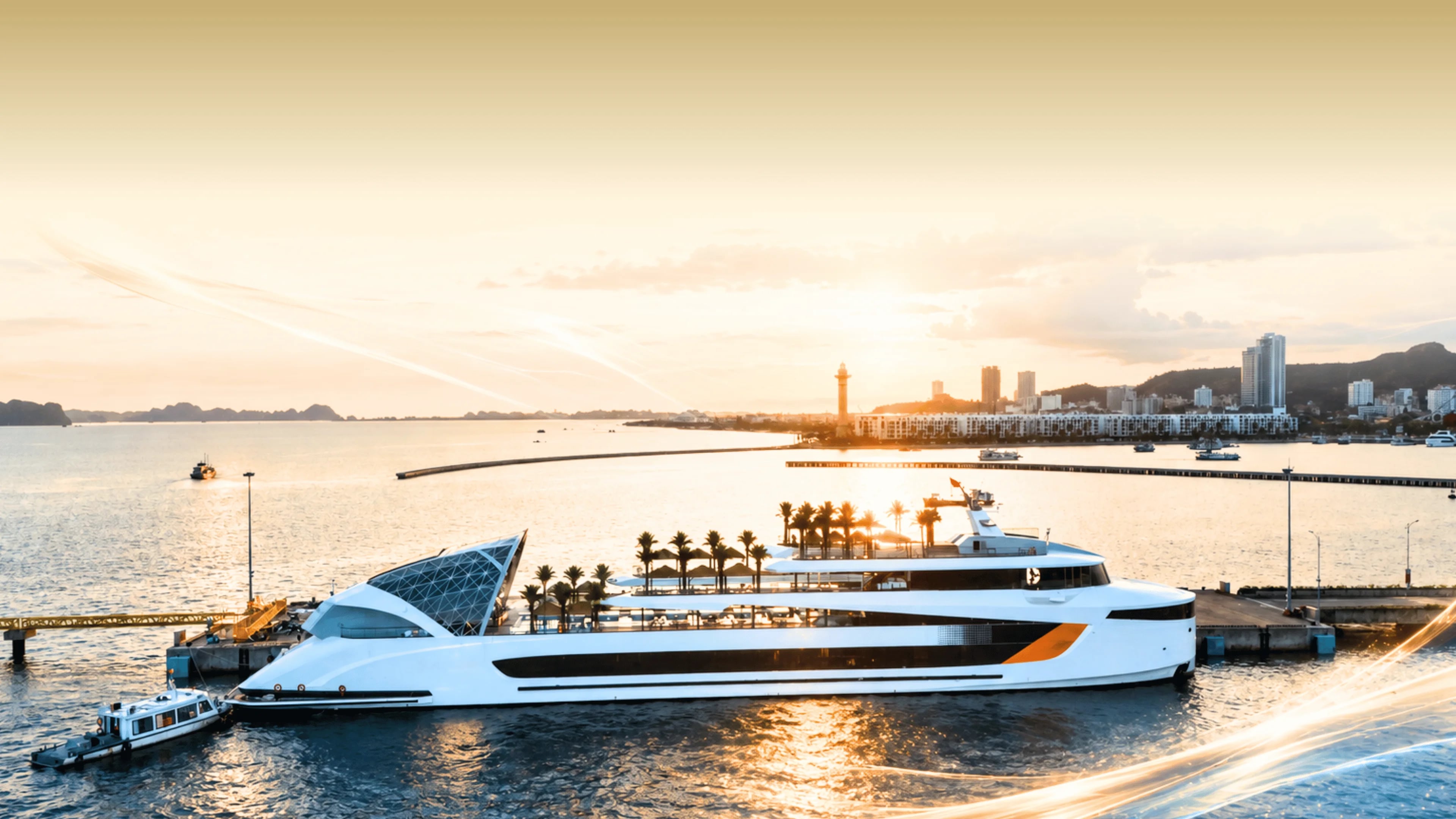 Dolphin Halong Cruise docks at sunset